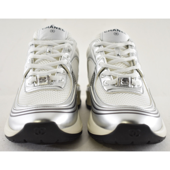 Chanel REV White Silver Metallic CC Logo Tie Flat Runner Trainer Sneaker 37.5 - Picture 7 of 14
